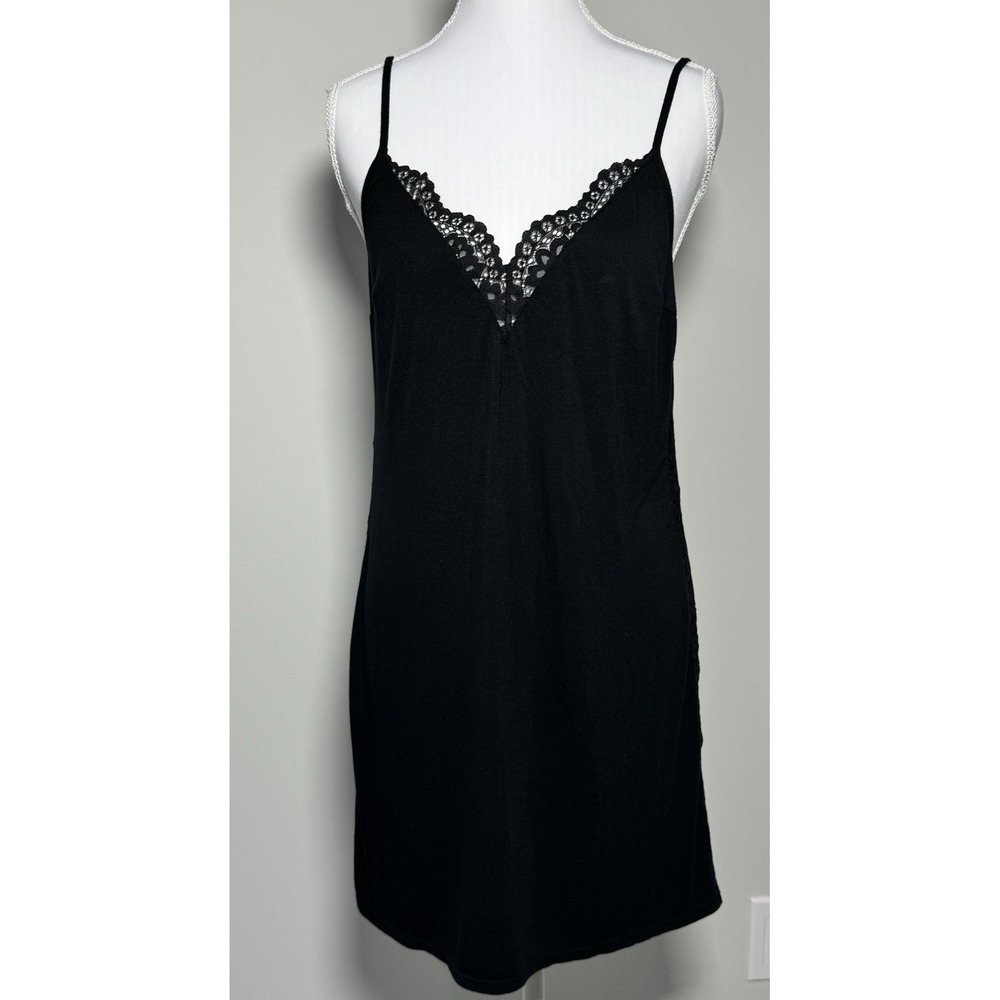 Victoria's Secret‎ Black Sleep Slip Dress Lace Trim Cross Back Knit Sz M Grunge
